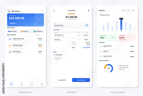 A set of three mobile application screens displaying a financial dashboard with invoice management, detailed billing information, and business analytics charts for tracking revenue.