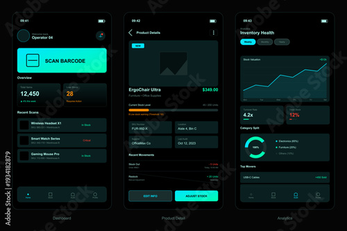 Three mobile application screens displaying a dark mode inventory management system with a dashboard, product details, and analytics charts for warehouse logistics and stock tracking.