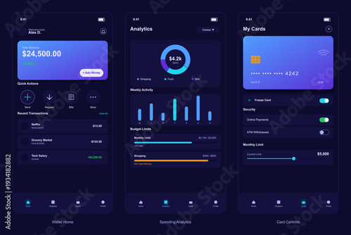 Three mobile application screens displaying a digital wallet interface with account balance, spending analytics charts, and credit card management settings in a dark mode theme.