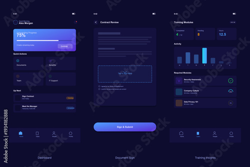 Three mobile app screens display an employee onboarding dashboard, a contract signing interface, and training module insights in a modern dark mode user interface design.