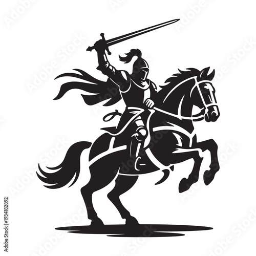 Medieval Knight on Horseback with Sword – Black and White Warrior Silhouette Vector