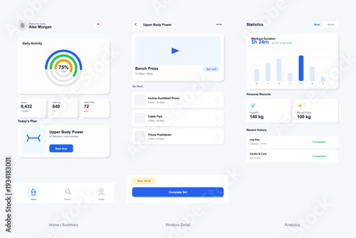 A clean mobile application interface design for fitness tracking, featuring a dashboard with activity rings, workout details with exercise lists, and detailed analytics charts.