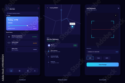 A set of three mobile application screens showing a package tracking interface with a dashboard, shipment details on a map, and a barcode scanner for adding new shipments.