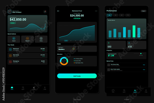 A set of three mobile user interface screens for a financial investment app featuring a dark mode design with balance charts, asset allocation, and performance insights.