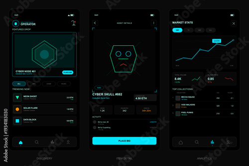 A dark themed mobile app interface for a digital collectibles marketplace featuring a discovery page, detailed asset view with bidding options, and market statistics with charts.