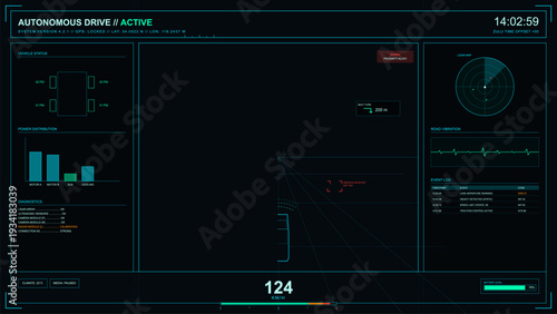 A futuristic digital dashboard for an autonomous vehicle displays real-time data including speed, battery level, lidar mapping, and diagnostic information on a dark interface.
