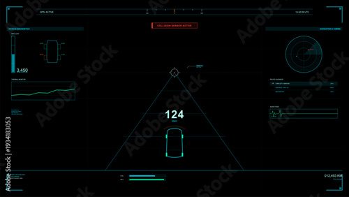 Futuristic vehicle heads-up display featuring a digital speedometer, navigation radar, and diagnostic data. The interface shows a collision sensor alert on a dark background.