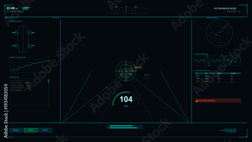 A futuristic digital head-up display for an autonomous vehicle shows real-time data including speed, radar, system logs, and a collision warning on a dark background.