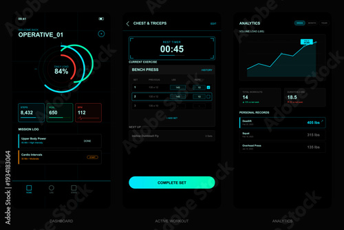 A set of three dark mode mobile app interfaces for fitness tracking, featuring a user dashboard, active workout timer, and performance analytics with data visualization.