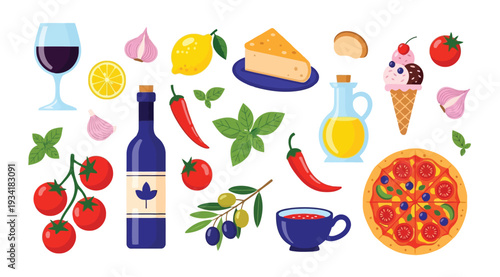 Colorful food and drink items including pizza, wine, and ice cream on a white background for culinary or restaurant concepts