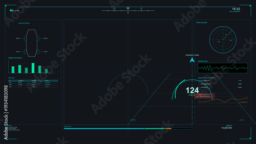 A futuristic digital vehicle dashboard display featuring a speedometer, navigation system, radar, and system diagnostics with cyan and green graphics on a dark background.