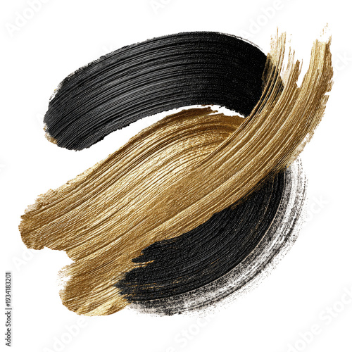 Black and gold brushstrokes intertwine, swirling against a black background