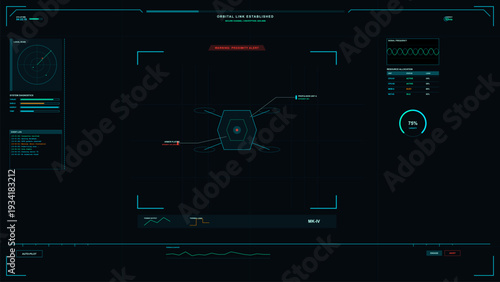 A futuristic digital head-up display interface shows a drone schematic with orbital link status, proximity alerts, system diagnostics, and resource allocation data on a dark background.