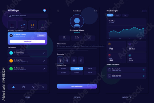 A dark mode mobile application user interface design for healthcare services featuring home, doctor details, and health insights screens with charts and appointment booking.