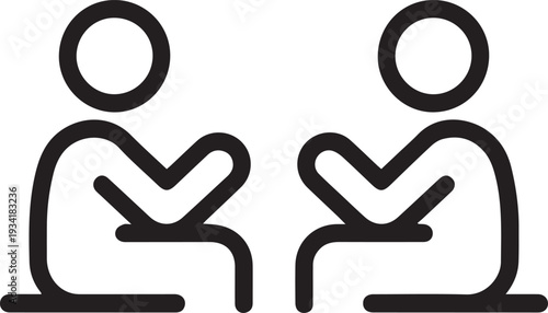 Two stylized human figures sitting facing each other with bent arms, representing a meeting, discussion, interview, or collaborative interaction between individuals.