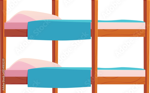Wooden bunk bed with pillow and blue blanket, dormitory, home furniture for rest and relax vector flat illustration