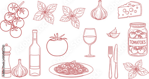 Collection of Italian dinner illustrations featuring pasta wine bottle glass tomatoes garlic basil cheese and jar isolated on white background