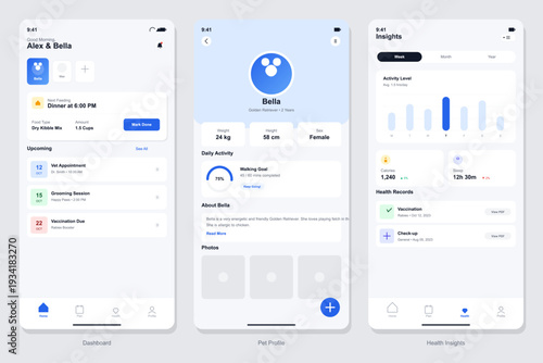 A mobile app interface for pet owners featuring a dashboard with feeding schedules, a detailed pet profile for a dog, and health insights with activity charts and records.