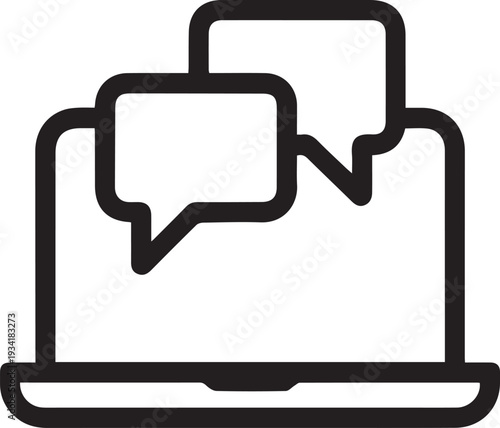 A stylized icon showing a laptop computer with two distinct speech bubbles emerging from and hovering above its screen, representing online communication and digital interaction.