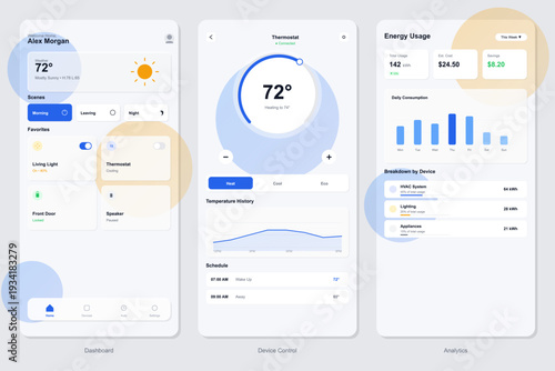 Three mobile application screens showing a smart home dashboard, thermostat control interface, and energy usage analytics with charts and graphs on a light background.