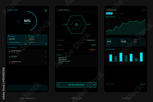 Three mobile phone screens display a futuristic user interface with technical data, including system integrity, object analysis, and telemetry analytics in a dark digital style.