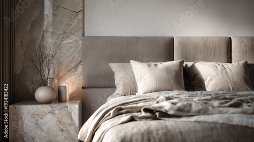 luxury hotel style bedroom interior upholstered headboard in neutral beige tones, premium master bedroom design with soft morning sunlight on pillows, elegant domestic sanctuary 