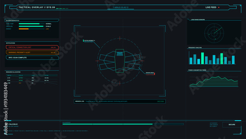 A futuristic tactical overlay interface displays a spacecraft wireframe, system diagnostics, radar sensors, and mission logs on a dark digital screen with cyan and red accents.