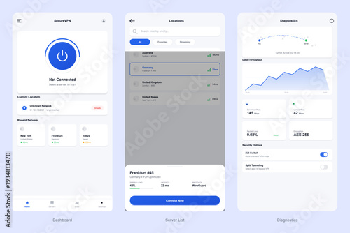 A set of three mobile user interface designs for a VPN application featuring a connection dashboard, a list of global server locations, and a detailed diagnostics screen.