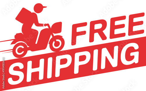 Red vector illustration, free shipping banner with package, delivery promotion, e-commerce vector graphic, marketing design