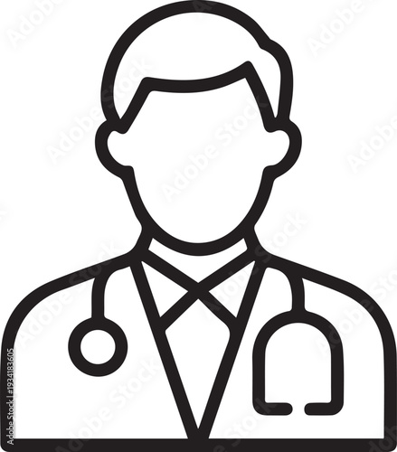 A simple black and white line icon depicts a male doctor wearing a lab coat and stethoscope against a white background.