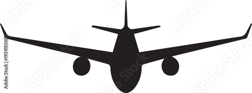 A black silhouette of a modern commercial passenger airplane is viewed directly from the rear against a white background.