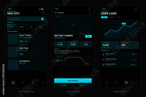 A set of three mobile application screens featuring a futuristic dark user interface with neon cyan accents, displaying city navigation, location details, and user analytics data.