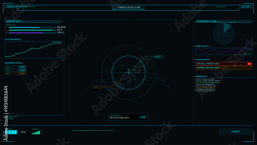 This futuristic digital dashboard shows mission telemetry, altitude profiles, and system alerts. The dark interface features cyan and magenta graphics for a high-tech sci-fi aesthetic.