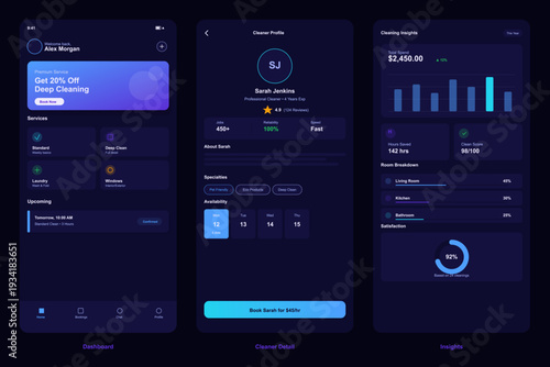 A set of three mobile application screens showing a cleaning service dashboard, a professional cleaner profile, and detailed user insights with charts and statistics in a dark mode theme.