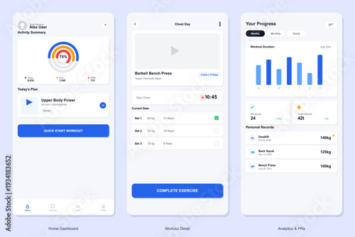 Three mobile application screens showing a fitness user interface with workout plans, exercise tracking for weightlifting, and data visualization for personal progress and health stats.