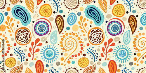 Colorful paisley and floral patterns create a vibrant repeating background