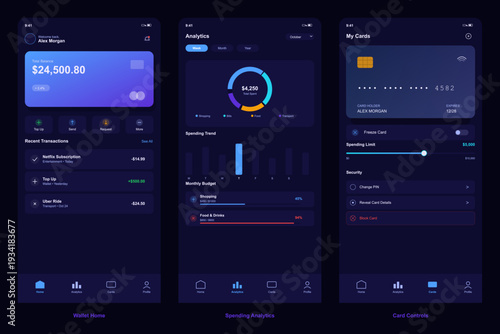 Three mobile application screens showing a digital wallet interface with balance information, spending analytics charts, and credit card management controls in a dark mode theme.