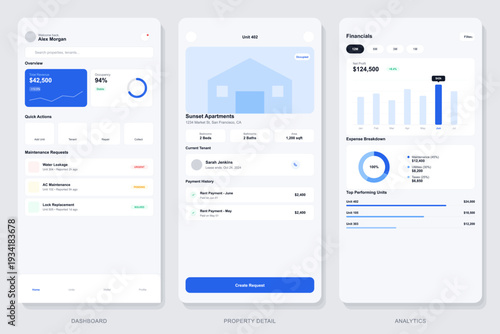 A set of three mobile app user interface screens for property management featuring a dashboard, detailed unit information, and financial analytics with charts and graphs.