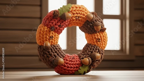 Knitted Autumn Wreath with Acorns.