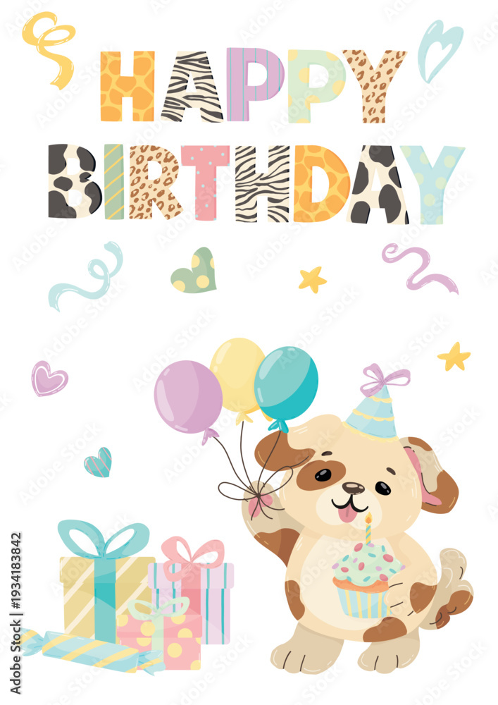 Naklejka premium Happy Puppy Dog Birthday Cards with Cake and Balloons