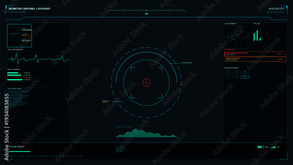 Obraz premium This futuristic biometric sentinel interface displays genetic markers, voice print analysis, and system alerts with a central targeting reticle on a dark digital screen.
