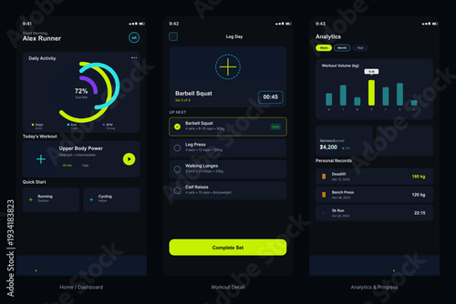 A set of three mobile app interface designs for fitness tracking, showing a dashboard with activity rings, a workout detail screen, and an analytics page with progress charts.