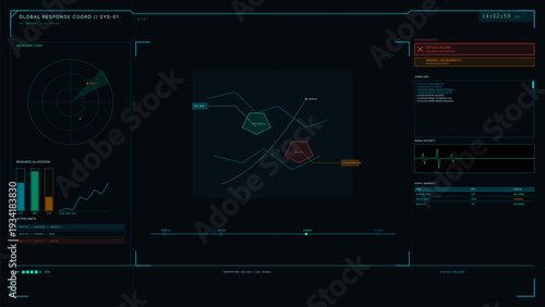 A futuristic digital command center interface displays a tactical map, radar scans, system alerts, and resource allocation data on a dark screen with cyan and red accents.
