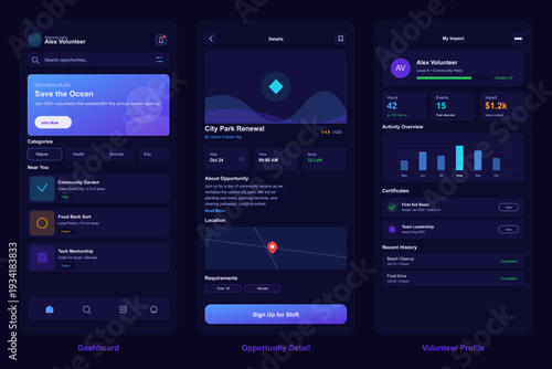 Three mobile app interface designs for a volunteering platform in dark mode, including a dashboard with featured causes, event details with a map, and a user profile with impact stats.