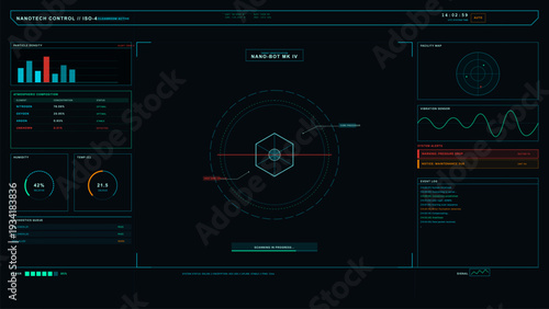 A futuristic digital interface for nanotech control displays various data panels including particle density, atmospheric composition, system alerts, and a scan of a nanobot.