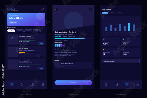 Three mobile app interface screens for a charity donation platform showing a dashboard, campaign details, and impact analytics with a dark theme and blue gradient accents.