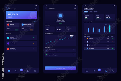 Three mobile application screens showing a sports management dashboard, player details with statistics, and league analytics in a modern dark mode user interface design.
