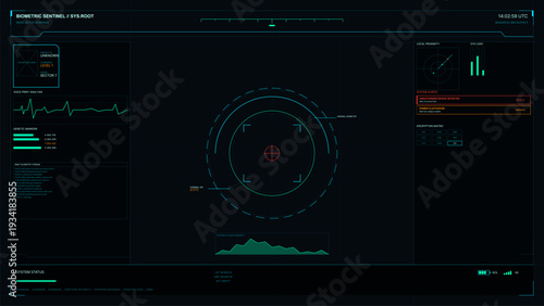 This futuristic biometric sentinel interface displays genetic markers, voice print analysis, and system alerts with a central targeting reticle on a dark digital screen.