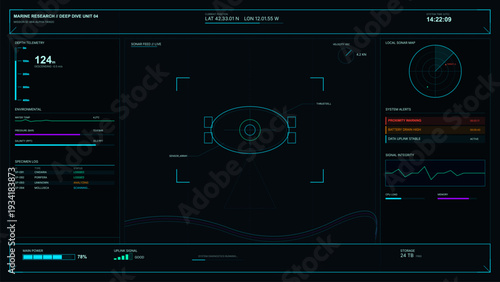 A futuristic marine research digital interface displays deep sea telemetry, sonar feeds, and environmental data. The dark screen features cyan graphics for underwater exploration monitoring.