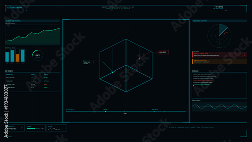 A futuristic smart home central control dashboard interface featuring energy monitoring graphs, perimeter security radar, 3D house wireframe, and real-time system status alerts.
